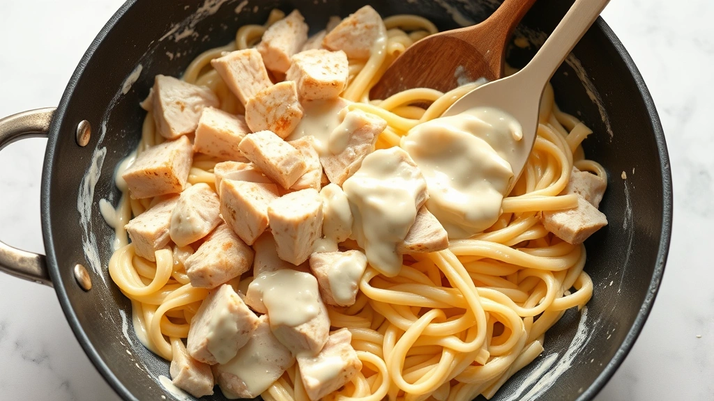 process: sliced chicken being tossed with creamy alfredo sauce and fettuccine in large skillet, photorealistic, natural light, no text