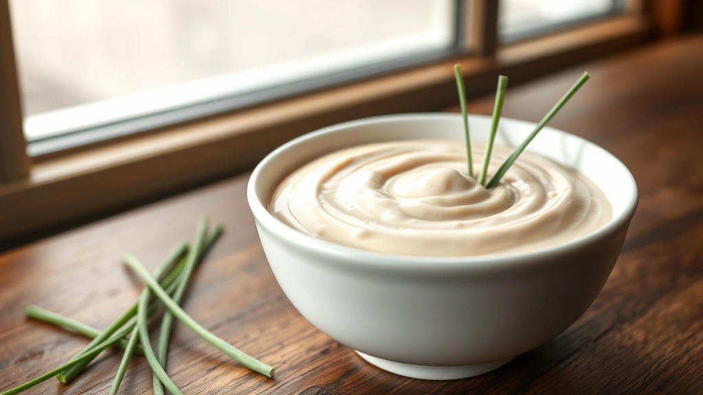 hero: creamy horseradish sauce in elegant white bowl, silky pale pink texture, fresh chives garnish, dramatic natural window light, wooden table background, no text