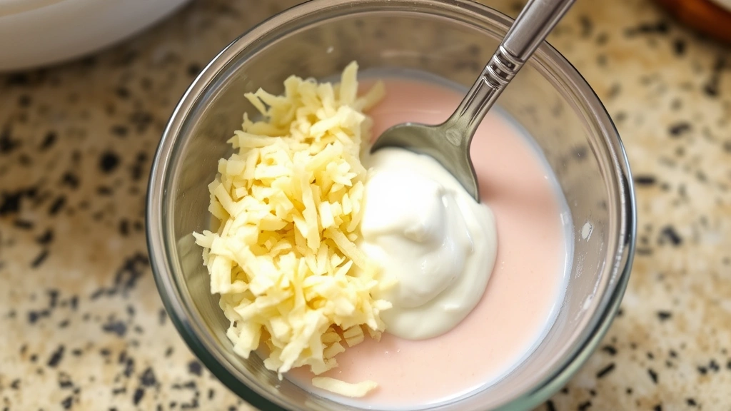 process: freshly grated horseradish root in small bowl, sour cream being stirred in, pale pink sauce developing, close kitchen counter setup, natural daylight, no text