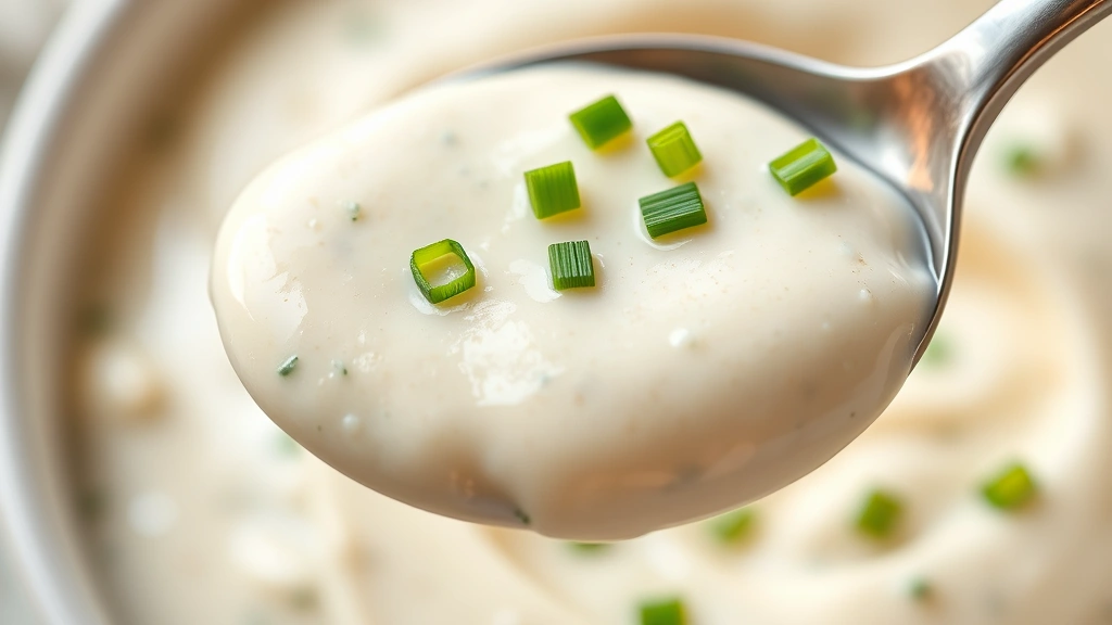 detail: close-up spoonful of creamy horseradish sauce with fresh chive garnish, luxurious texture visible, soft natural lighting, shallow depth of field, no text