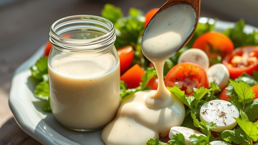 hero: creamy Italian dressing in a clear glass jar, dripping from a wooden spoon onto a fresh garden salad with tomatoes and mozzarella, photorealistic, natural sunlight streaming through, no text, appetizing presentation