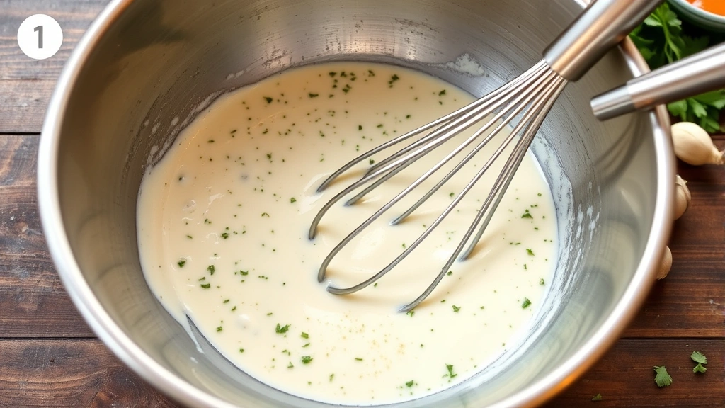 process: mixing creamy Italian dressing ingredients in a stainless steel bowl with a whisk, fresh herbs and garlic visible, photorealistic, natural kitchen lighting, no text, showing the preparation steps