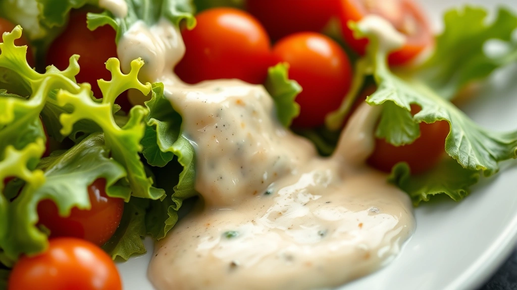 detail: close-up of creamy Italian dressing coating fresh romaine lettuce and cherry tomatoes on a white plate, photorealistic, shallow depth of field, natural light, no text, showing texture and richness