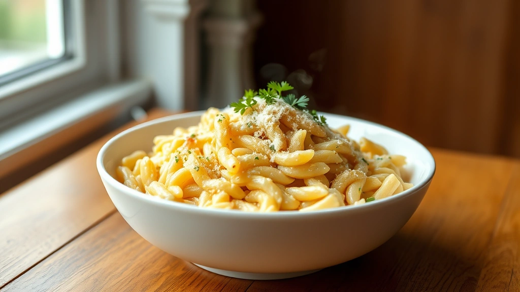 hero: creamy orzo pasta dish in white bowl, steam rising, fresh parsley garnish and grated Parmesan on top, golden cream sauce coating rice-shaped pasta, natural window light, wooden table background, no text