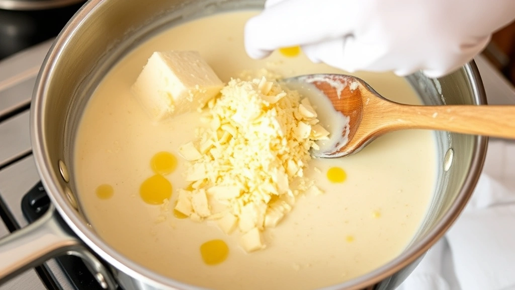 process: chef stirring Parmesan cheese into cream sauce in stainless steel skillet, melted butter and garlic visible, creamy golden sauce, wooden spoon, natural kitchen light, no text