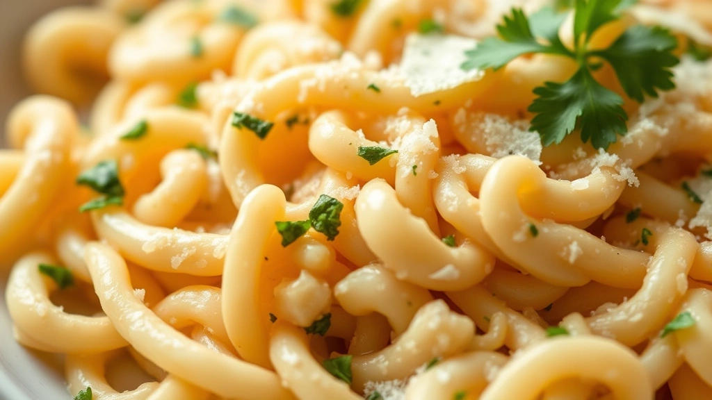 detail: close-up of creamy orzo with fresh parsley garnish and Parmesan shavings, individual pieces of pasta coated in luxurious sauce, shallow depth of field, natural light, no text