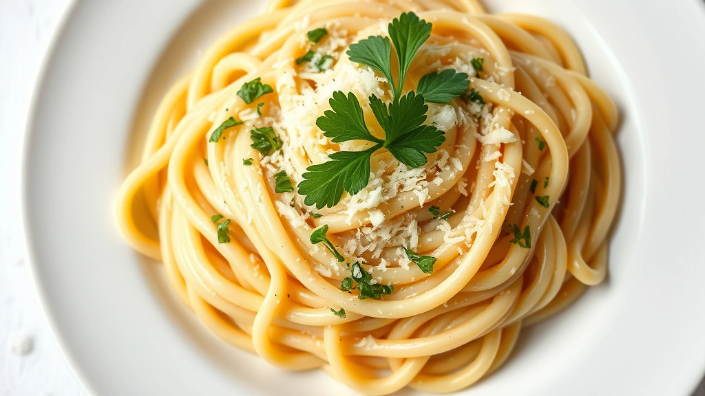 hero: creamy pasta with fettuccine noodles coated in rich silky sauce, garnished with fresh parsley and grated Parmesan cheese, photorealistic, natural window light, shot from above on a white ceramic plate, no text