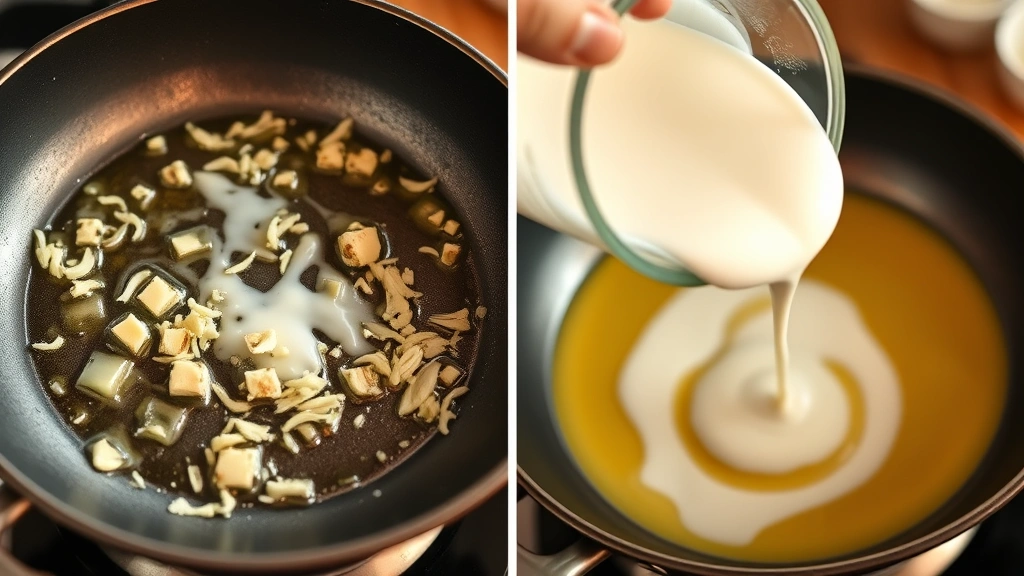 process: skillet with melted butter and garlic sautéing, heavy cream being poured in slowly, photorealistic, warm kitchen lighting, shot from the side showing sauce coming together, no text