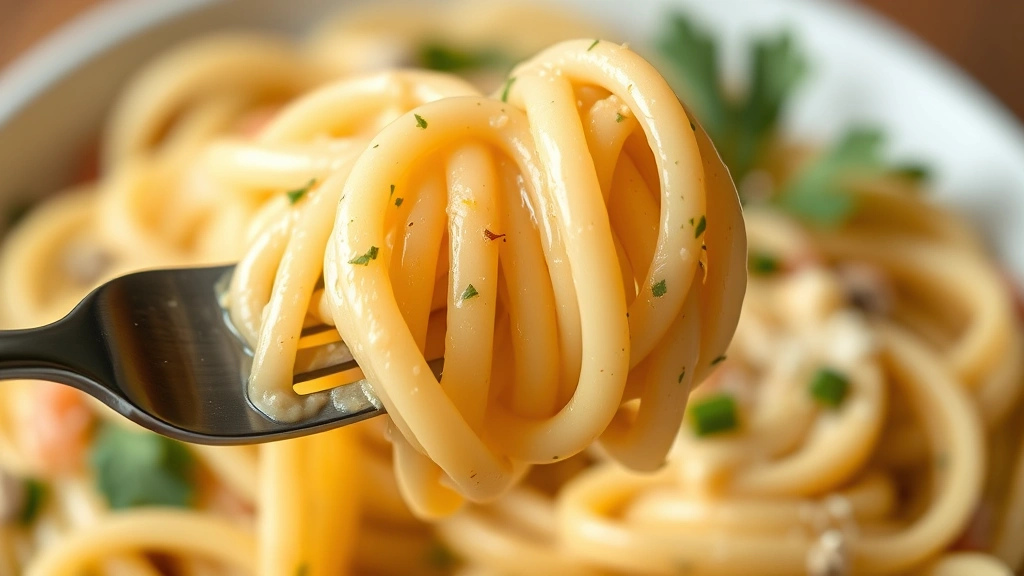 detail: close-up of fork twirling creamy fettuccine noodles, sauce clinging to pasta strands, fresh parsley garnish visible, photorealistic, soft natural light, shallow depth of field, no text