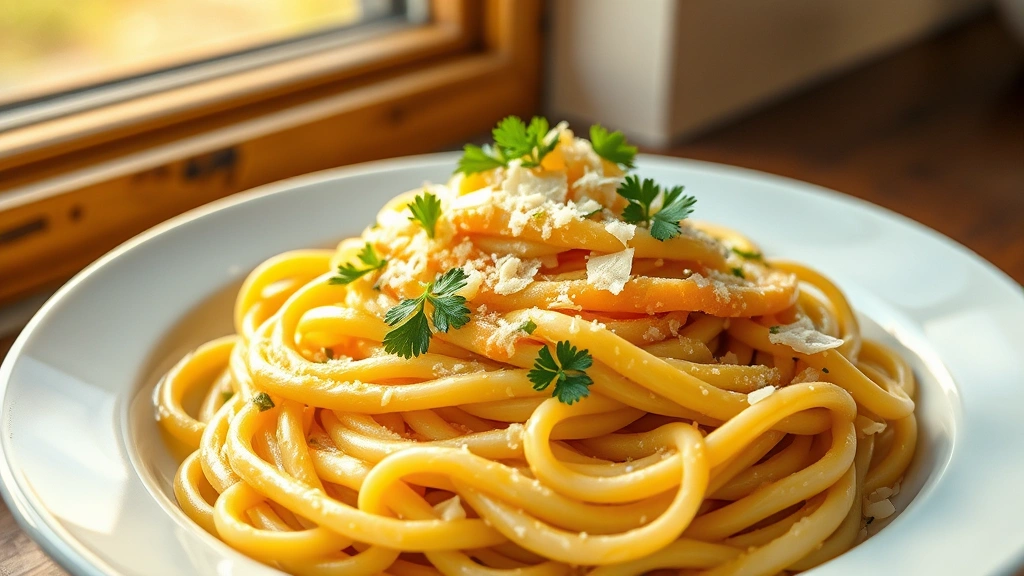 hero: creamy pasta sauce coating fettuccine noodles, photorealistic, golden lighting from window, garnished with fresh parsley and parmesan shavings, no text