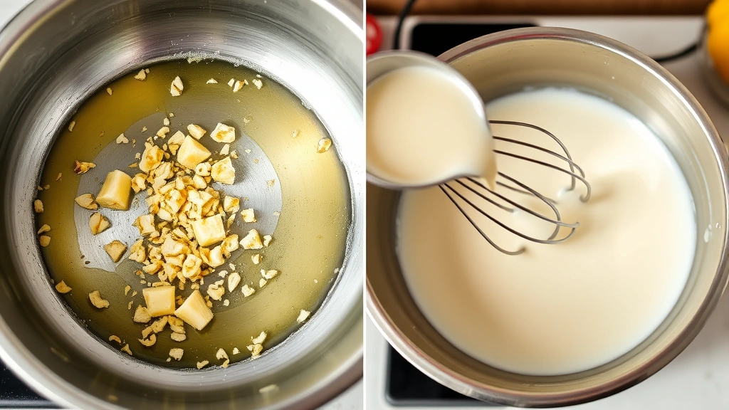 process: melting butter with minced garlic in stainless steel saucepan, cream being whisked in, photorealistic, natural kitchen lighting, no text