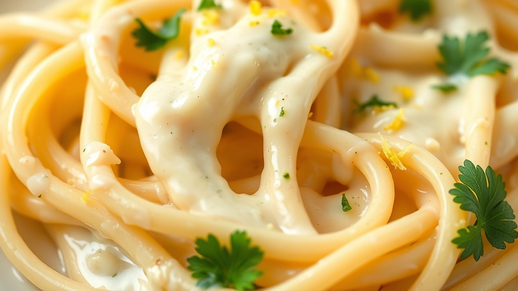 detail: close-up of silky cream sauce clinging to pasta strands, melted cheese visible, fresh lemon zest and parsley garnish, photorealistic macro photography, no text