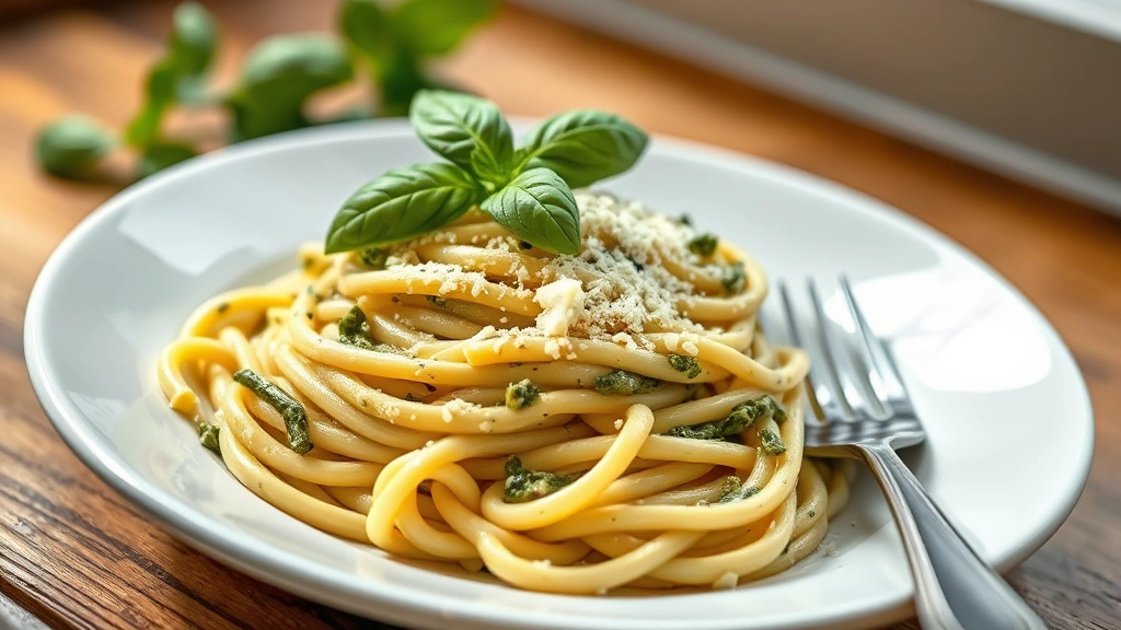 hero: creamy pesto pasta on white plate, glistening sauce coating fettuccine, fresh basil garnish and grated Parmigiano-Reggiano on top, natural window light, shallow depth of field, photorealistic, styled fork beside plate