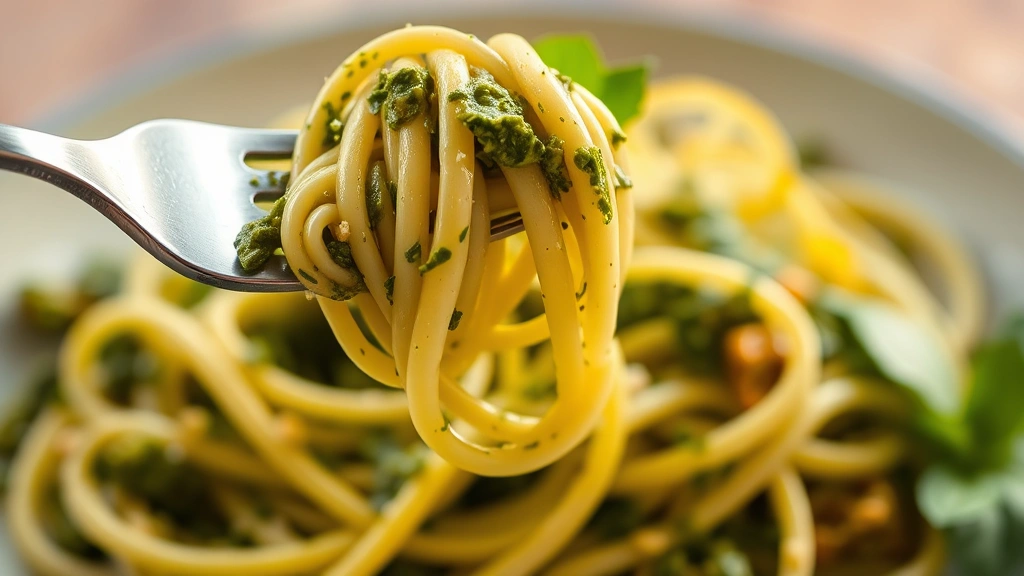 detail: close-up of pasta fork twirling creamy green pesto-coated fettuccine, silky sauce clinging to strands, fresh basil leaf and lemon zest visible, shallow depth of field, photorealistic, warm natural light