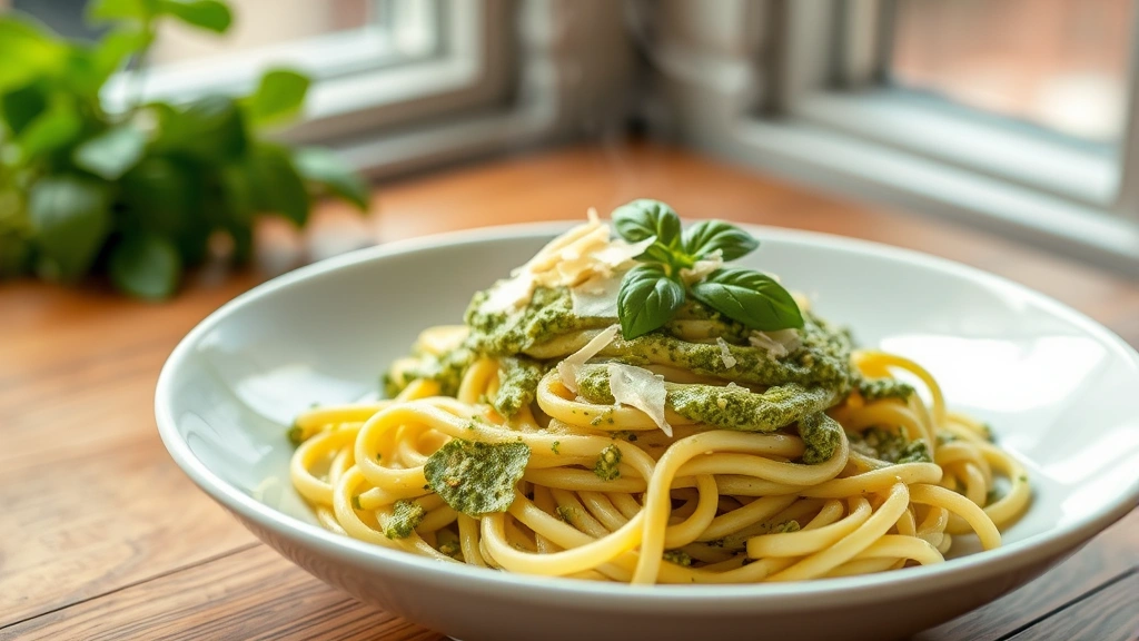 hero: creamy pesto pasta in a white bowl, vibrant green sauce coating fettuccine, topped with fresh basil and Parmesan shavings, steam rising, natural window light, wooden table background