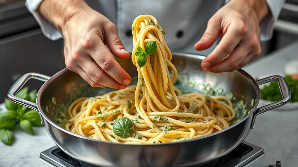process: chef's hands tossing pasta in a large skillet with creamy green pesto sauce, fresh basil visible, cream coating pasta, professional kitchen lighting, close action shot