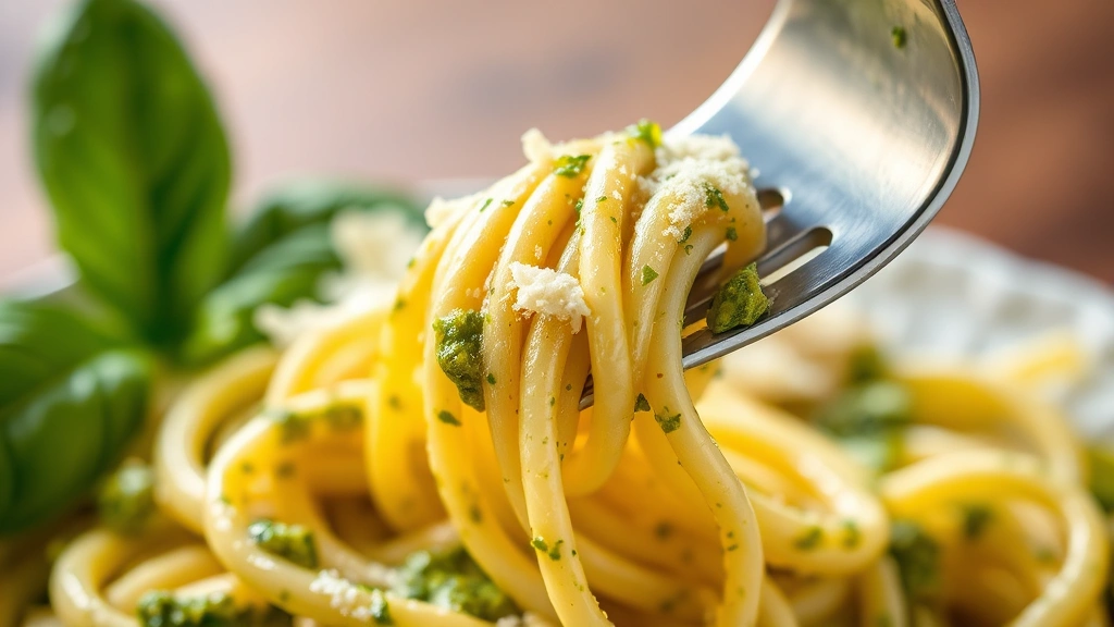 detail: extreme close-up of fork twirling creamy pesto-coated fettuccine, glossy sauce, fresh basil leaf, Parmesan cheese, soft focus background, warm natural lighting