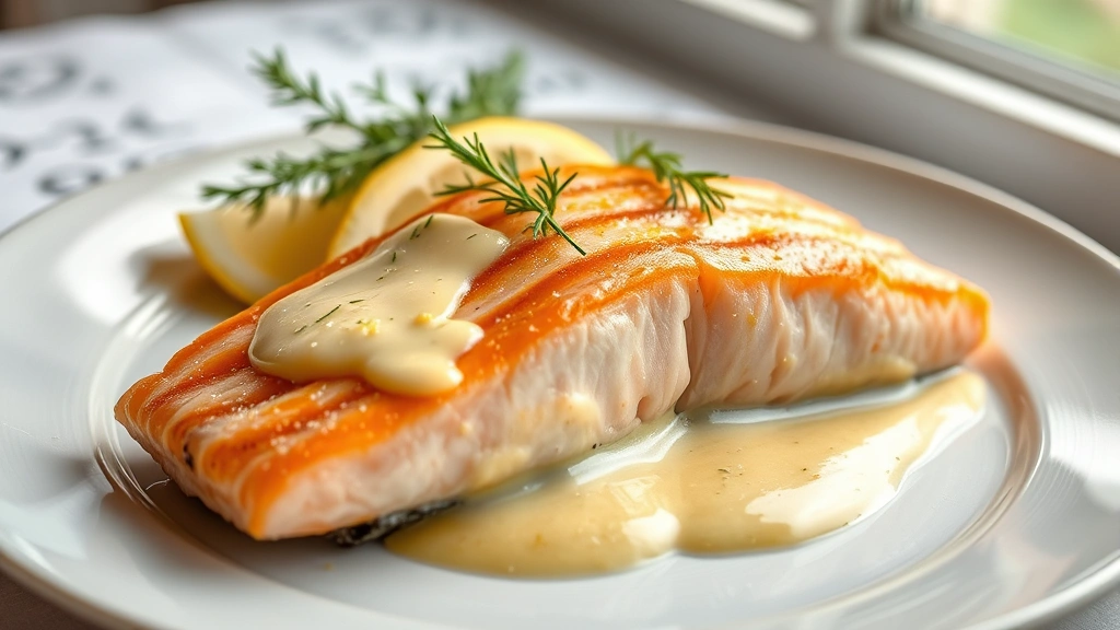 hero: perfectly cooked salmon fillet with creamy lemon butter sauce, fresh dill garnish, lemon zest, photorealistic, natural window light, no text, elegant plating