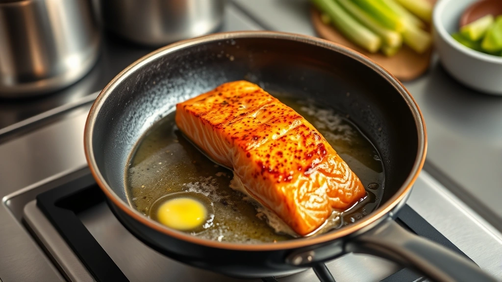 process: searing salmon in skillet, golden crust forming, butter foaming, professional kitchen setting, photorealistic, natural light, no text