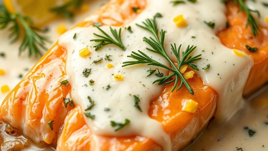detail: close-up of salmon fillet with creamy sauce coating, fresh dill and lemon zest garnish, silky texture visible, photorealistic, macro photography, natural light, no text