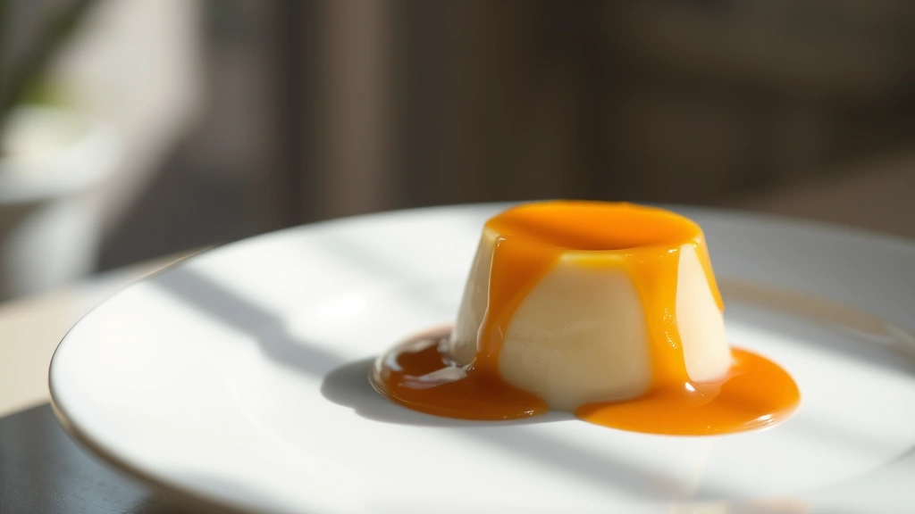 hero: individual crème caramel on white plate with caramel cascading down creamy custard, dramatic shadows, soft natural window light, shallow depth of field, luxury dessert plating