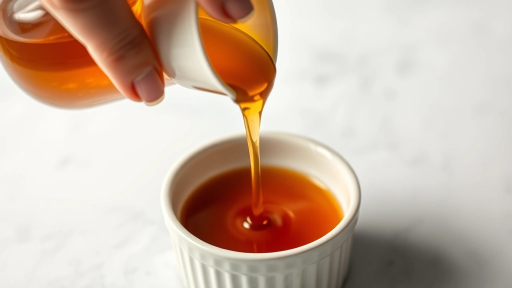 process: hand pouring amber caramel into ceramic ramekin, close-up action shot, golden liquid catching light, minimalist background, professional kitchen lighting