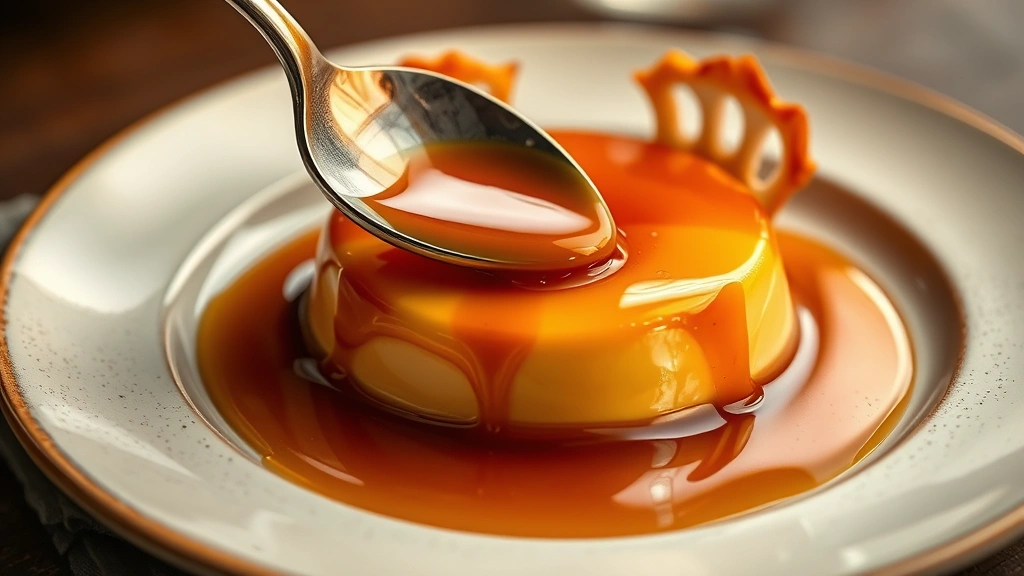 detail: crème caramel inverted on plate showing glossy caramel top meeting silky custard, spoon breaking through crispy caramel shell, steam visible, macro photography, warm lighting