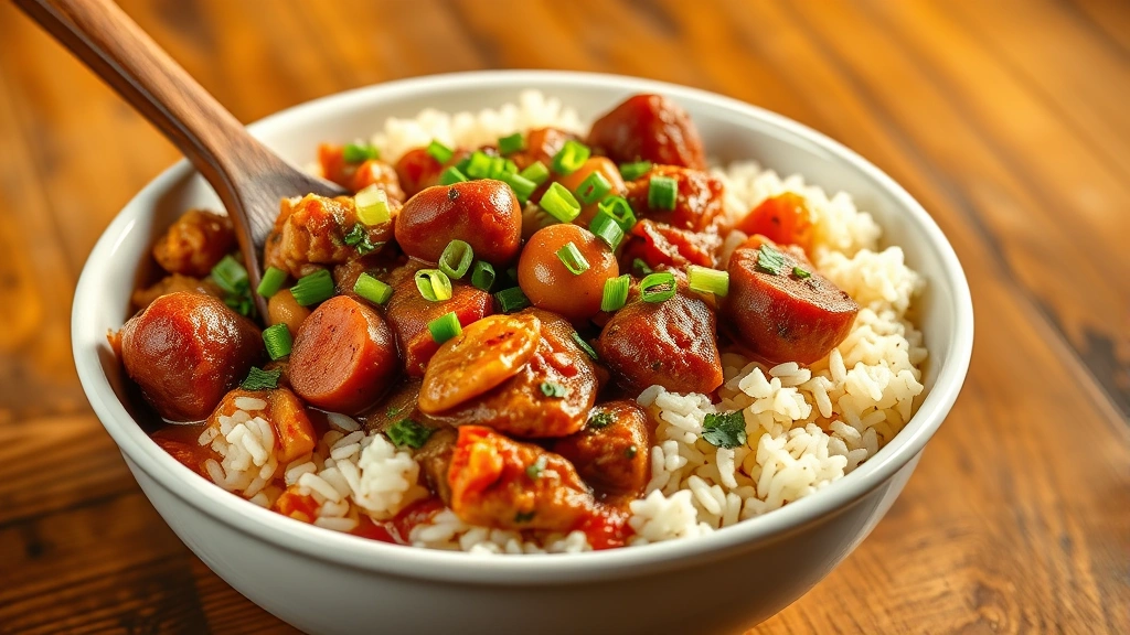 hero: steaming bowl of Creole jambalaya with fluffy white rice, andouille sausage, chicken, and vegetables, garnished with fresh green onions and parsley, served in white ceramic bowl with wooden spoon, warm golden lighting, rustic wooden table background, no text