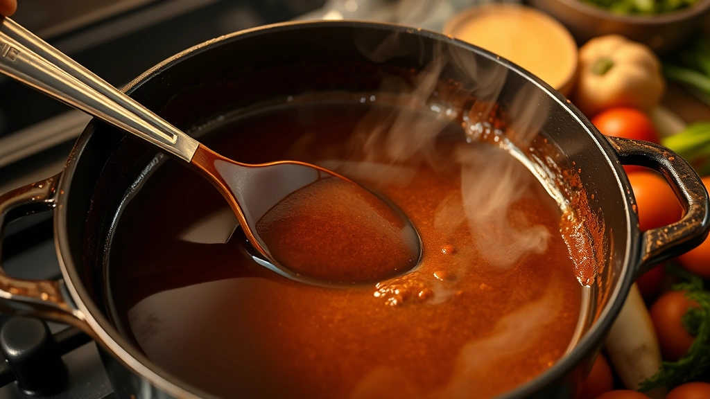 process: close-up of chocolate-brown roux being stirred in cast iron pot with wooden spoon, vegetables nearby, golden kitchen lighting, steam rising, action shot, no text