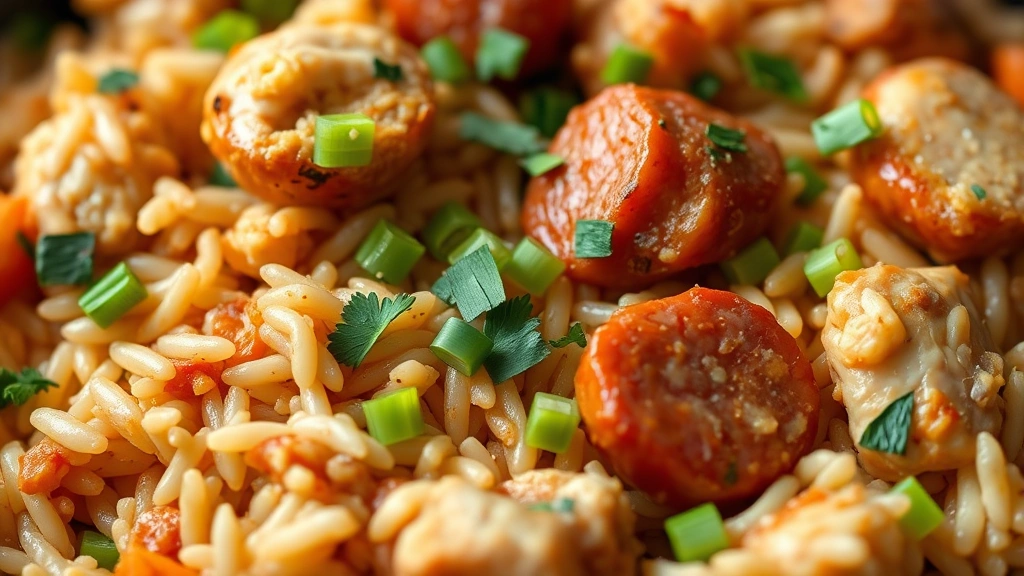 detail: extreme close-up of finished jambalaya showing individual grains of rice, tender chicken pieces, sliced andouille sausage, vibrant green onions and parsley garnish, shallow depth of field, warm natural light, no text