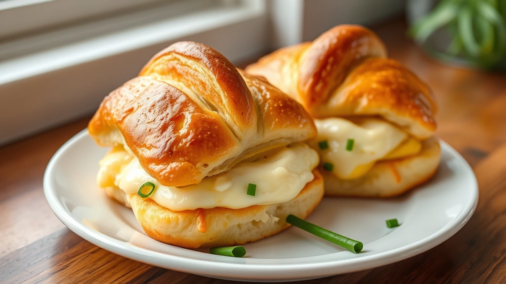 hero: fresh baked crescent roll breakfast sandwiches golden brown and flaky on white plate with fresh chives garnish, photorealistic, natural window light, close-up food photography