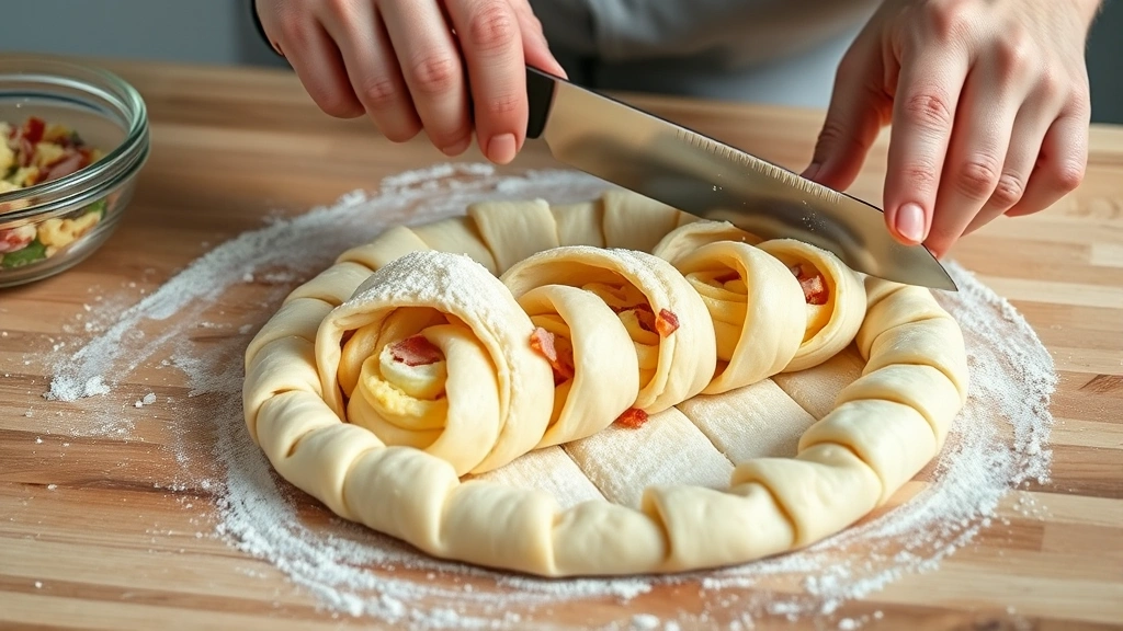 process: hands rolling filled crescent dough with eggs bacon ham cheese visible, cutting into spirals with serrated knife, photorealistic, natural kitchen light