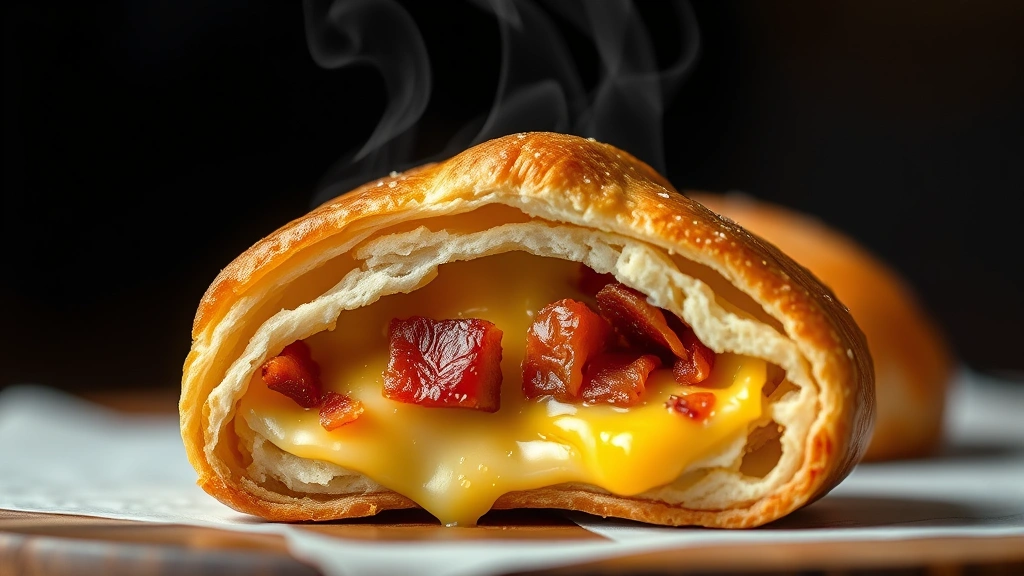 detail: close-up of baked crescent roll cross-section showing melted cheese and bacon filling, golden exterior, steam rising, photorealistic, shallow depth of field