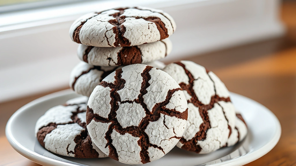 hero: stack of chocolate crinkle cookies with powdered sugar coating and cracked tops, photorealistic, natural soft window light, cookies arranged on white plate, no text