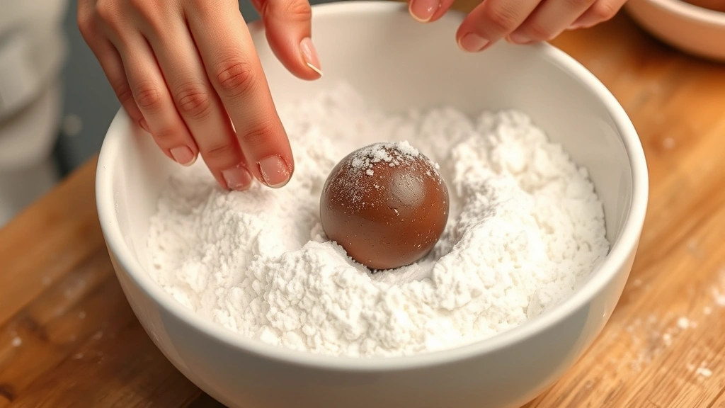 process: hands rolling chocolate dough ball in powdered sugar in white bowl, photorealistic, natural daylight, close kitchen setting, no text