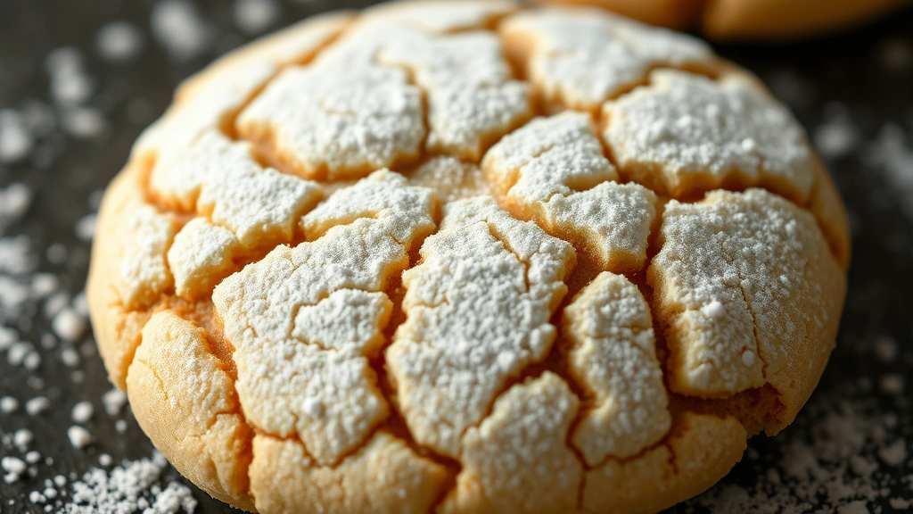 detail: close-up of single crinkle cookie showing detailed cracked surface texture and powdered sugar coating, photorealistic, macro photography with natural light, no text