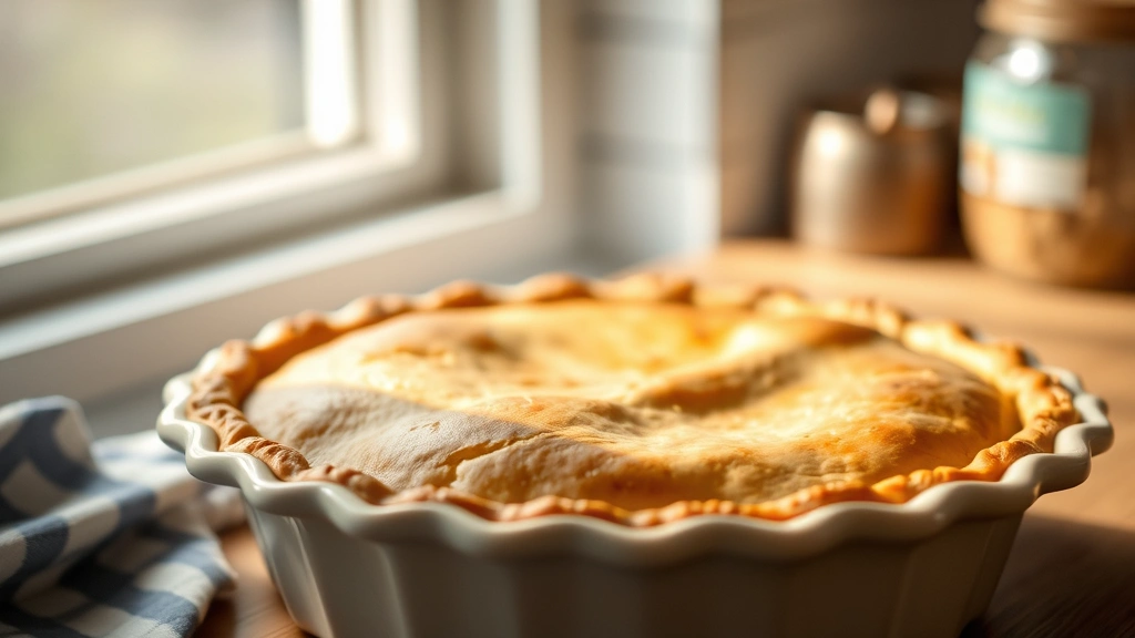 hero: golden-brown homemade pie crust in ceramic pie dish, photorealistic, natural sunlight from window, shallow depth of field, no text