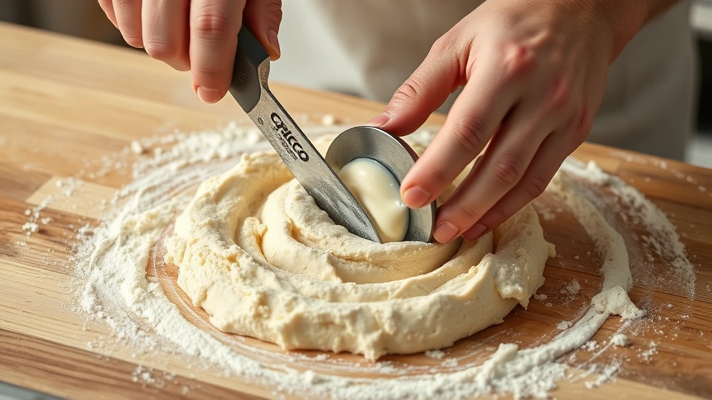 process: hands cutting cold Crisco into flour mixture with pastry cutter, photorealistic, natural kitchen lighting, no text