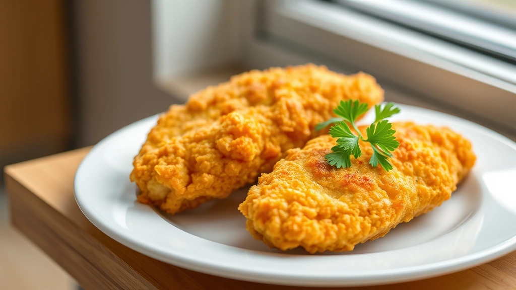 hero: golden crispy chicken tenders on a white plate with fresh parsley garnish, soft natural window light, shallow depth of field, appetizing golden-brown color, no text or watermarks