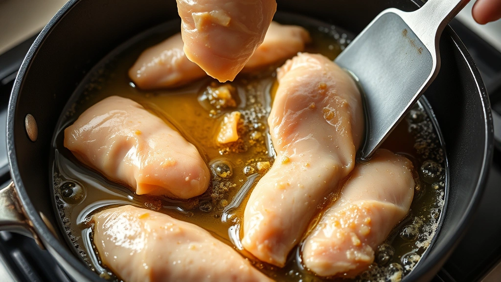 process: chicken tenders being carefully placed into hot oil in a cast-iron skillet, golden bubbling oil, motion captured, natural lighting from above, professional food photography style, no text