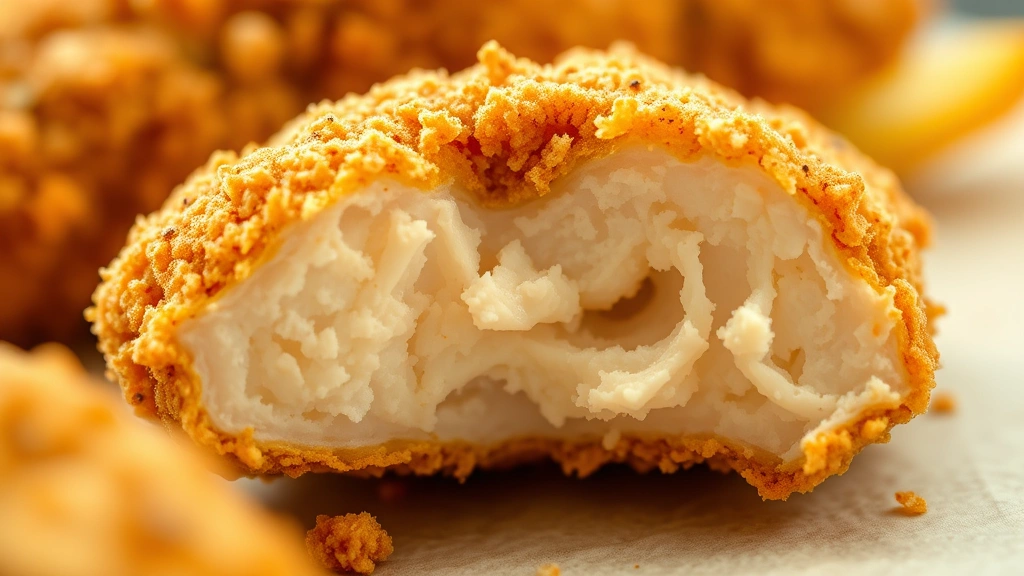 detail: close-up macro shot of single crispy chicken tender showing crunchy panko coating texture and juicy interior, cross-section visible, warm natural lighting, shallow focus background, no text