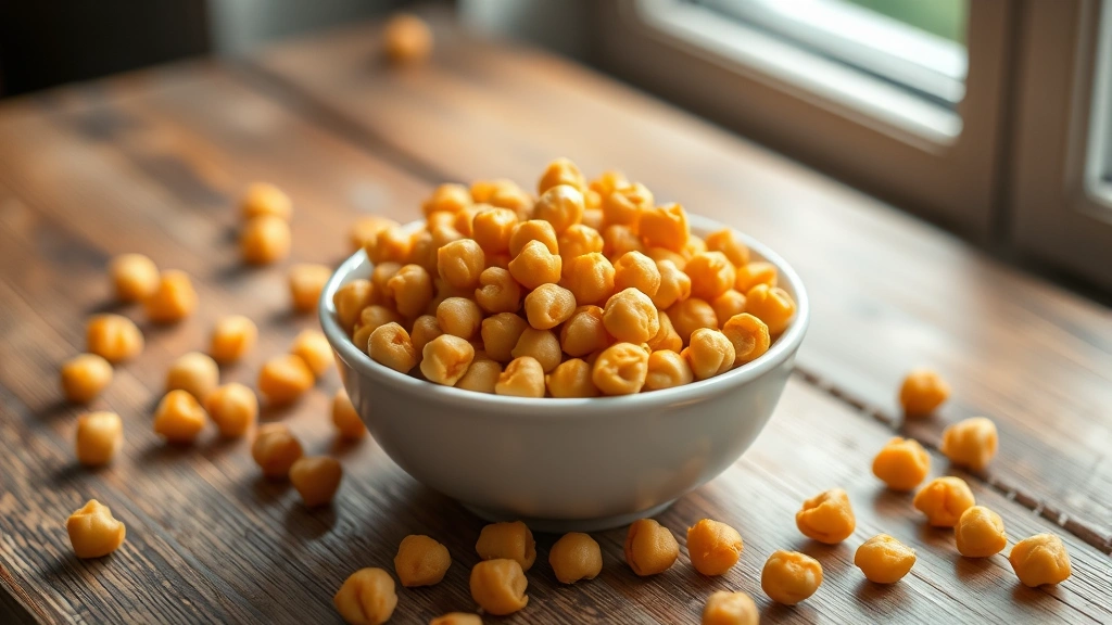 hero: golden brown crispy chickpeas in a white ceramic bowl, scattered on a rustic wooden table, soft natural window light, shallow depth of field, no text or watermarks