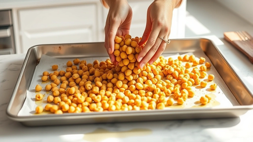 process: hands tossing seasoned chickpeas on a baking sheet with olive oil, bright kitchen countertop, natural morning light streaming in, no text