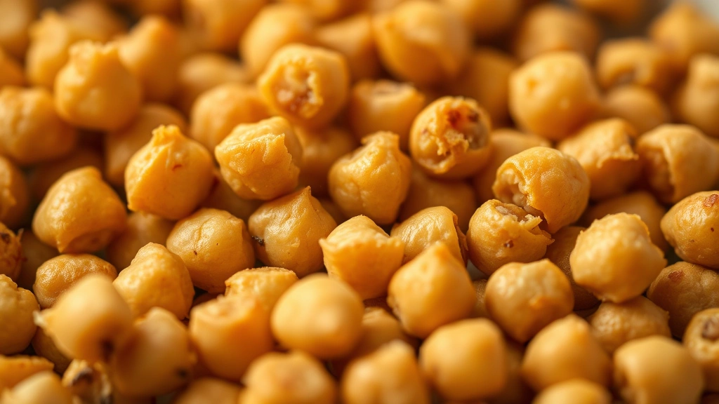 detail: close-up macro shot of individual crispy chickpeas showing the golden, crunchy texture, shallow focus, warm natural lighting, no text