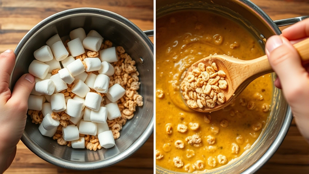 process: hand stirring marshmallows and cereal in a large saucepan, golden mixture coating a wooden spoon, photorealistic, natural kitchen lighting, no text