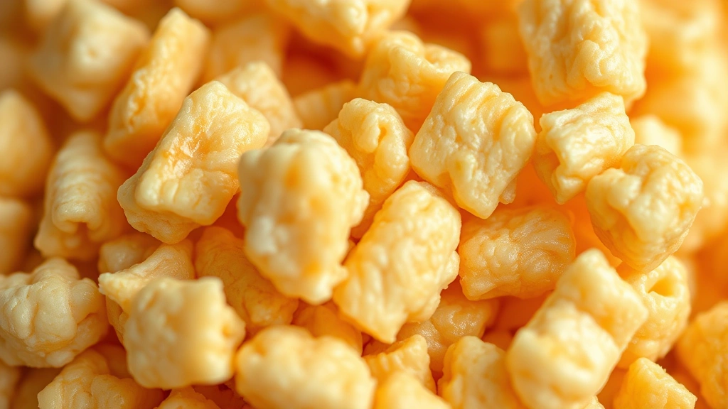 detail: close-up macro shot of crispy rice cereal treat showing texture and golden marshmallow coating, photorealistic, soft natural light, no text