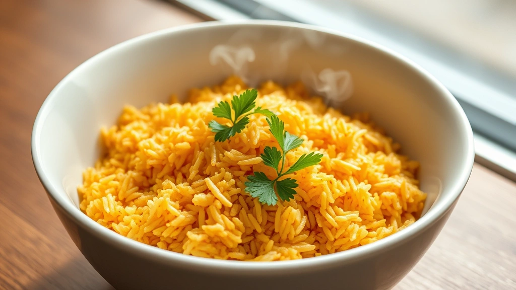 hero: golden crispy rice in white bowl, photorealistic, natural window light, top-down view, steam rising, no text, garnished with fresh parsley