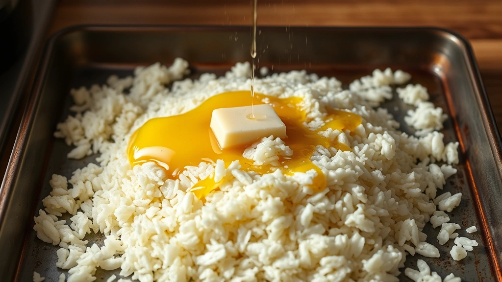process: butter and oil coating cooked rice on baking sheet, photorealistic, warm kitchen lighting, mid-cooking stage, no text