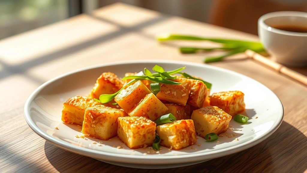 hero: golden crispy tofu pieces on white ceramic plate with sesame seeds and green onions, natural sunlight streaming from left, minimalist table setting, photorealistic