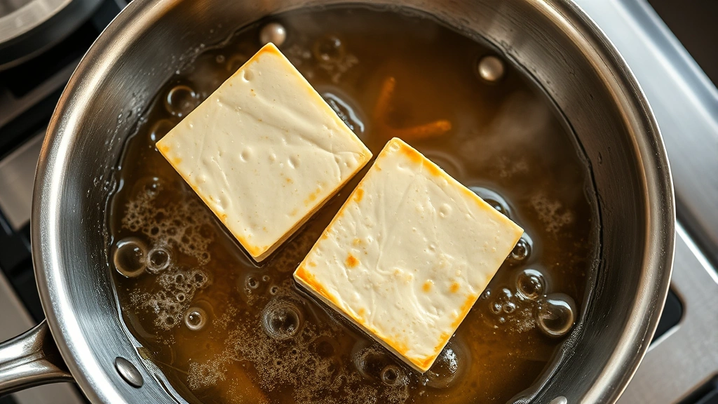process: tofu being flipped in sizzling hot oil in stainless steel skillet, golden crust visible, steam rising, overhead shot, photorealistic natural light